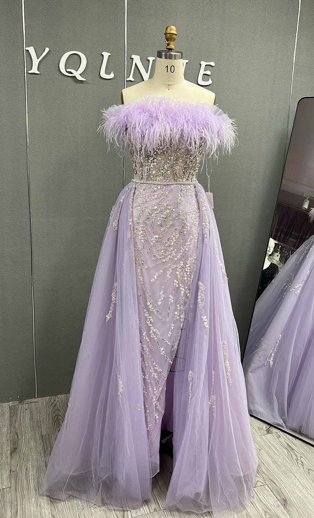 YQLNNE 0124 Blue Feathers Evening Dress Long Handmade Diamonds Formal Gown