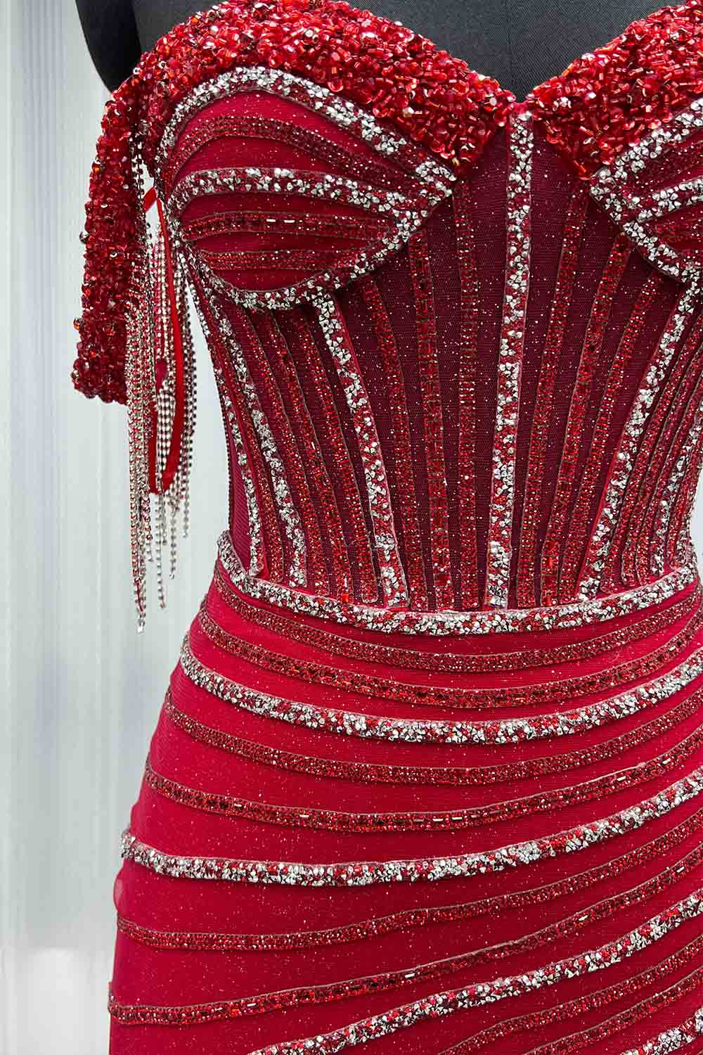 YQLNNE 025 Red Off Shoulder Crystals Beaded Prom Dress Long Evening Gown