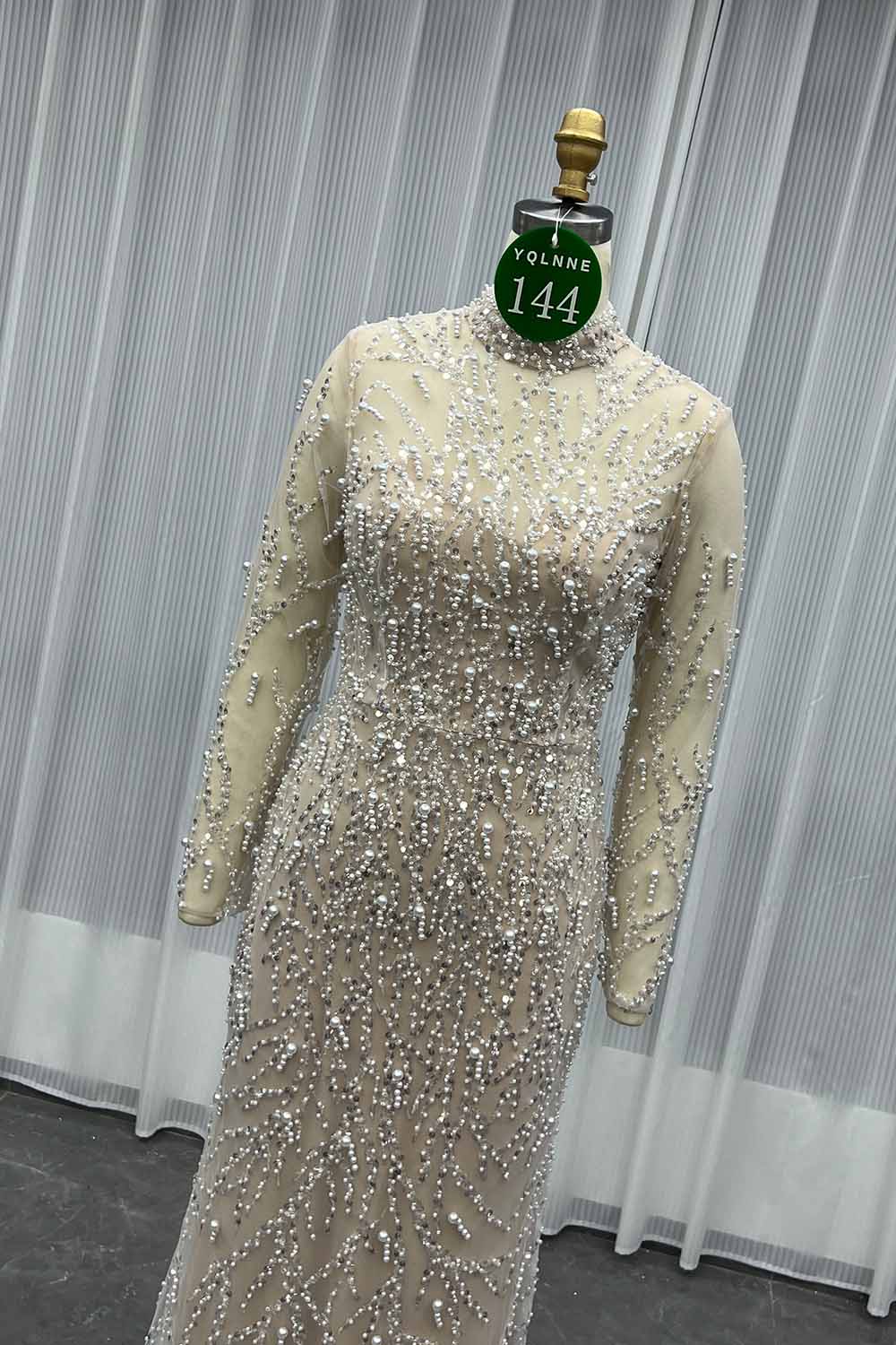 YQLNNE 0144 Modest Beige Full Sleeves Evening Dress High Collar Pearls Beaded Formal Gown