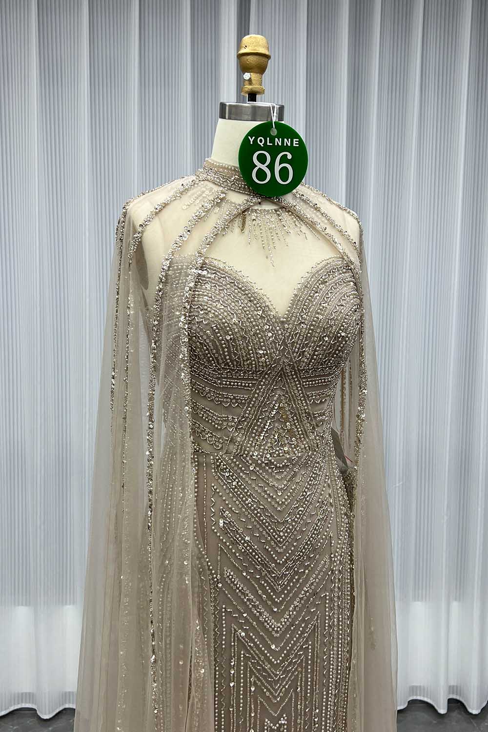 YQLNNE 086 Nude Crystals Beaded Evening Dress Women Party Gown With Shawl