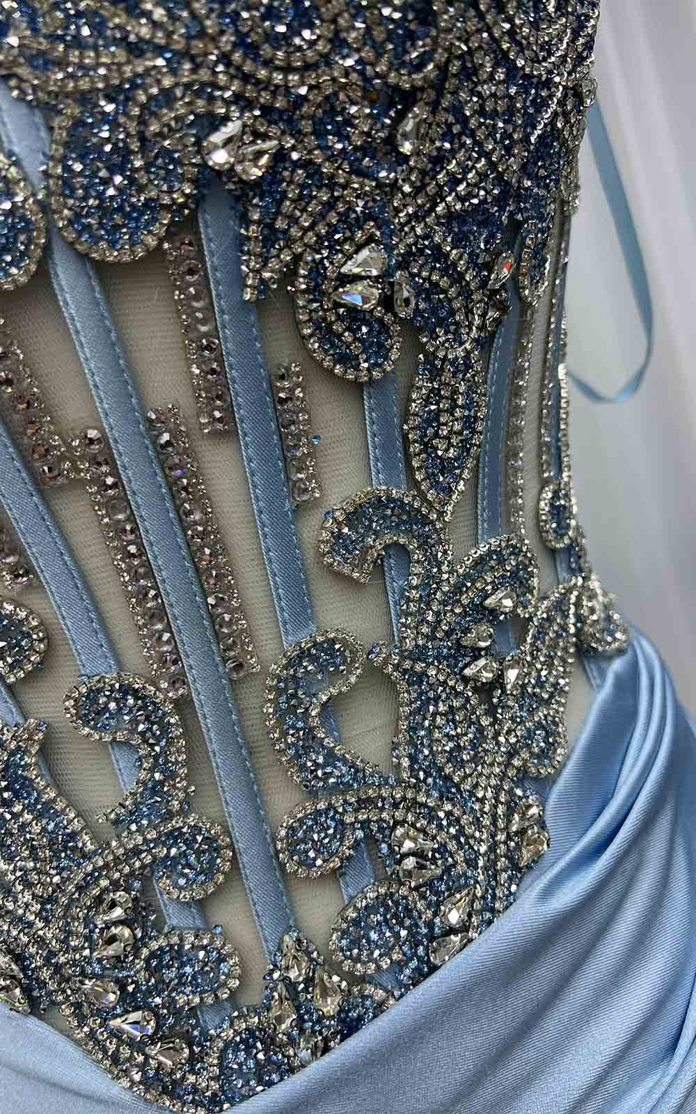 YQLNNE 0162 Blue Crystals Long Slit Prom Dress Satin Formal Gowns