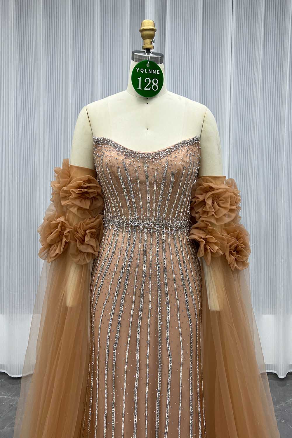 YQLNNE 0128 Luxury Orange Crystals Evening Party Gown With Removable Tulle Sleeves