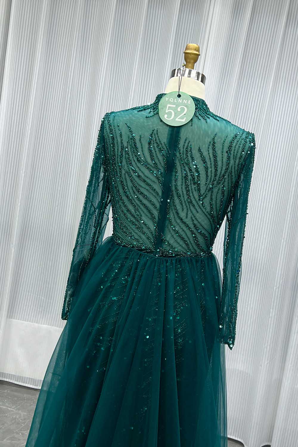 YQLNNE 052 Modest Dark Green Full Sleeves Evening Dress Handmade Beaded With Removable Train