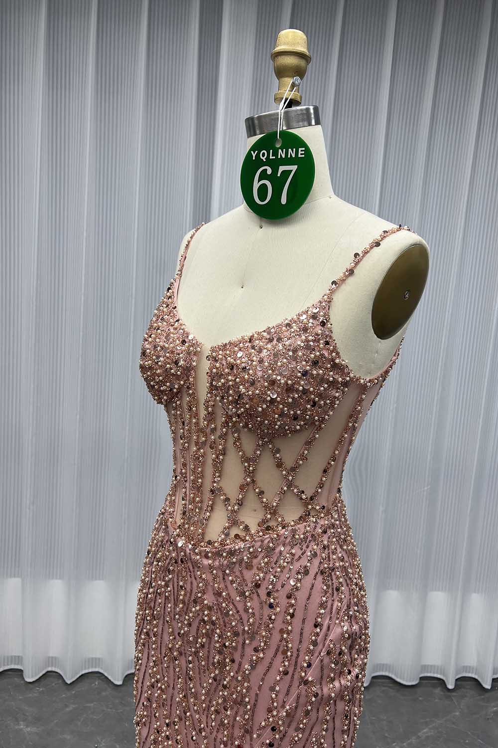 YQLNNE 067 Rose Gold Long Slit Prom Dress Mermaid Party Dress