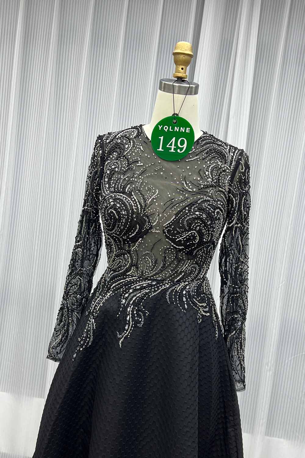 YQLNNE 0149 Black Crystals Beaded Tea-Length Evening Party Dress Full Sleeves