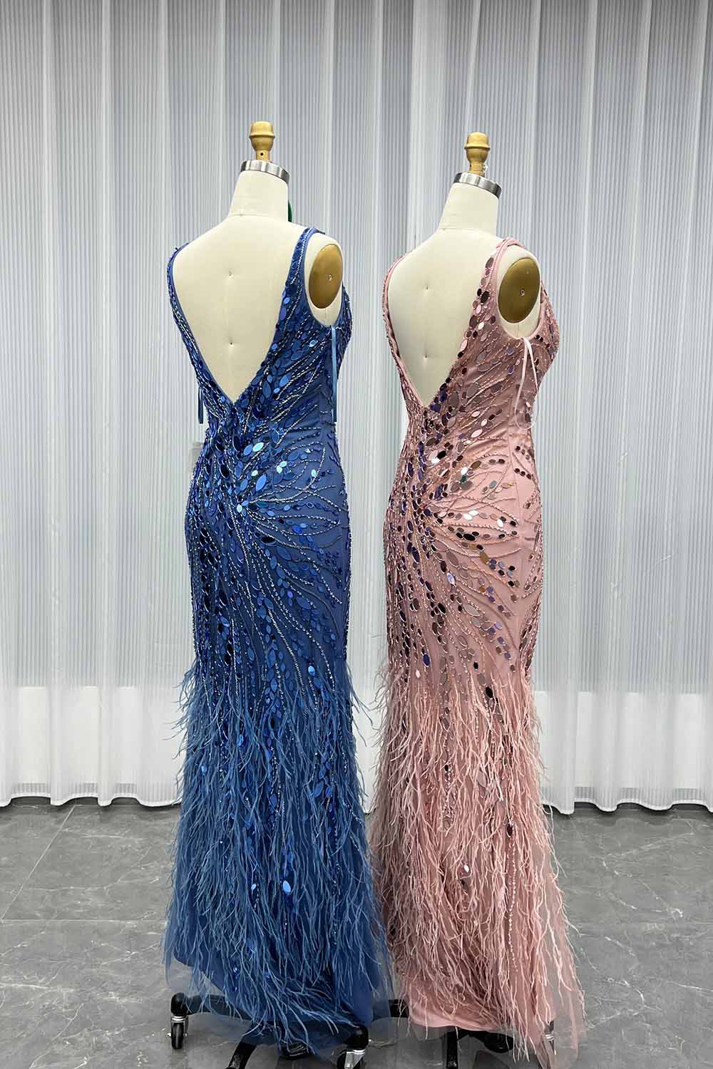 YQLNNE 096 Pink Feathers Long Slit Evening Dress With Lens
