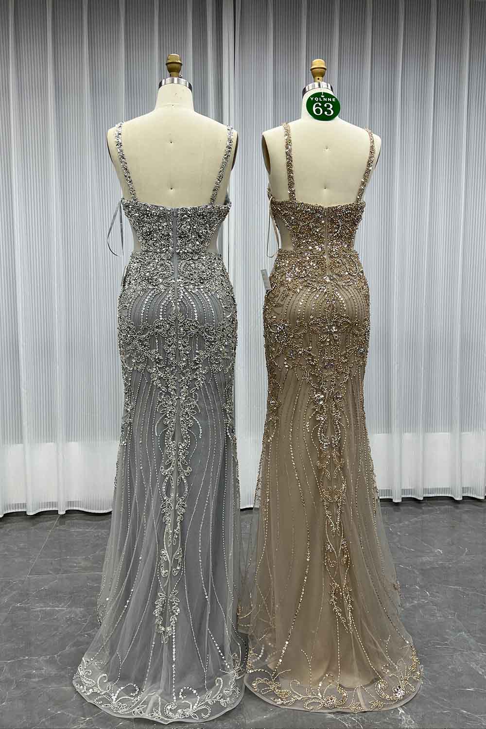 YQLNNE 063 Nude Rhinestones Evening Dress Mermaid Pageant Gown