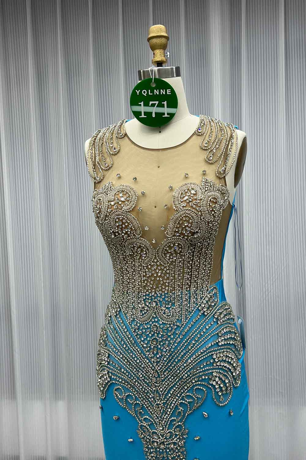 YQLNNE 0171 Blue Crystals Beaded Long Mermaid Prom Dress Backless