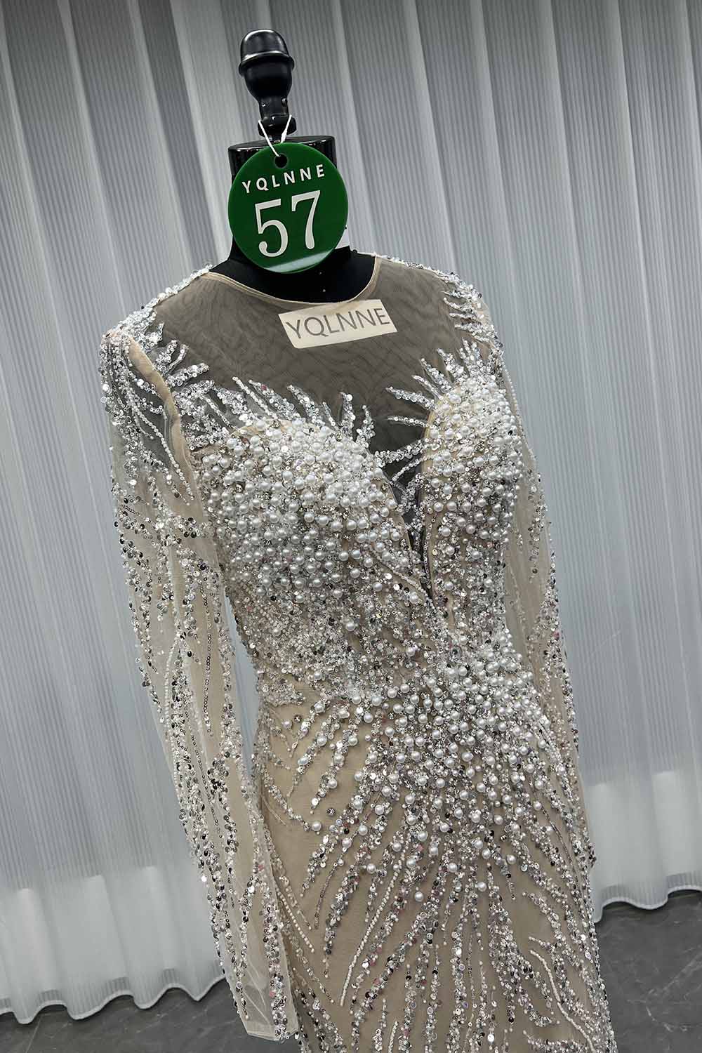 YQLNNE 057 Modest White Pearls Long Sleeves Evening Dress Wedding Party Gown