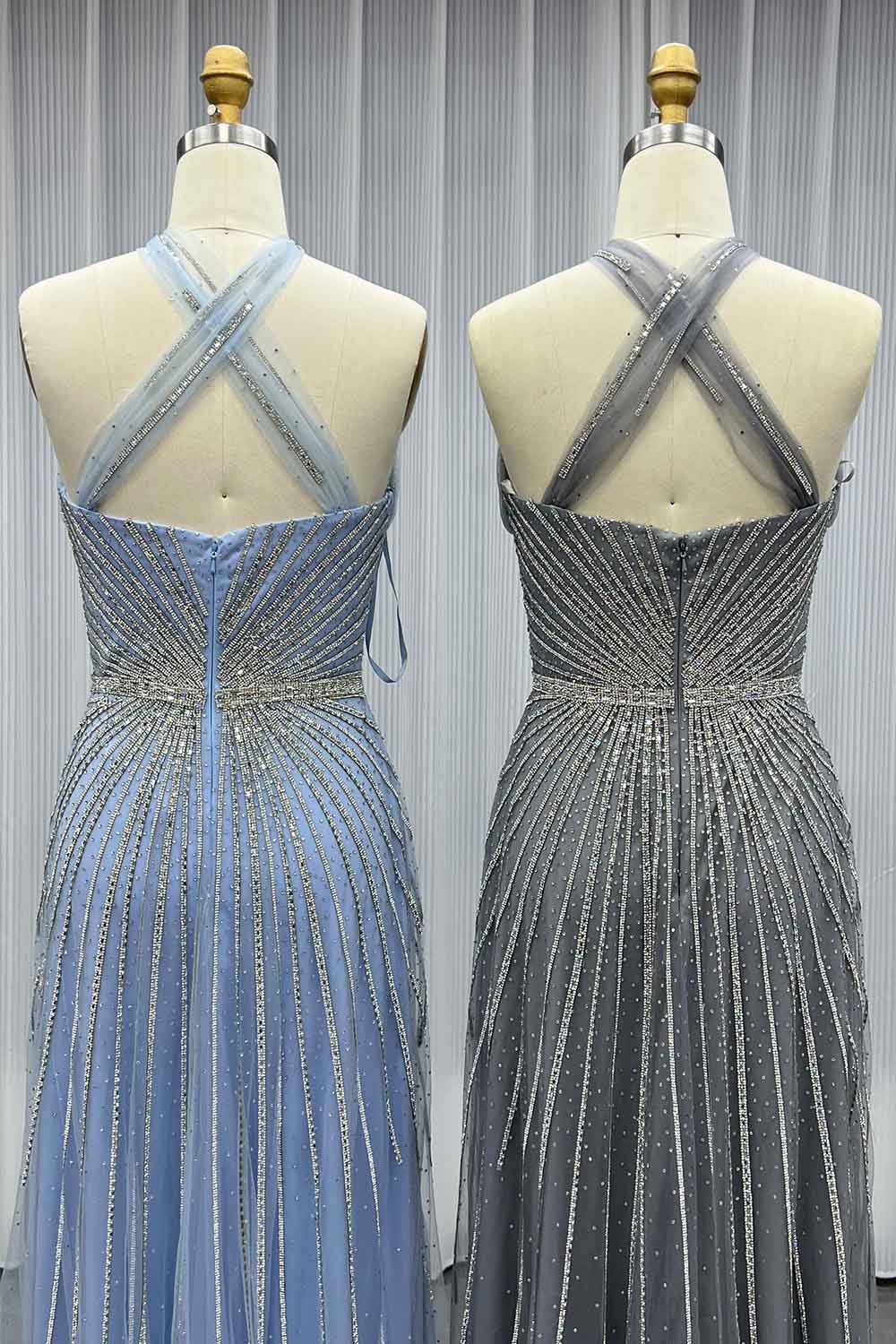 YQLNNE 091 Blue Crystals Long Prom Dress Halter