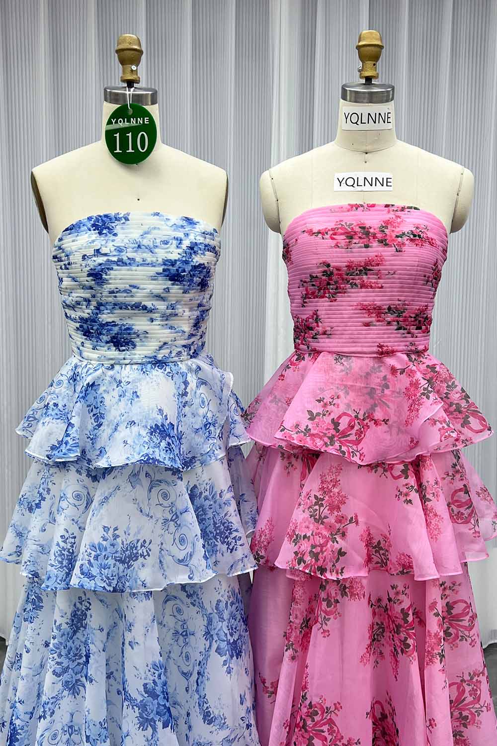 YQLNNE 0110 Pink Print Flowers Prom Dress Strapless Long Party Gown