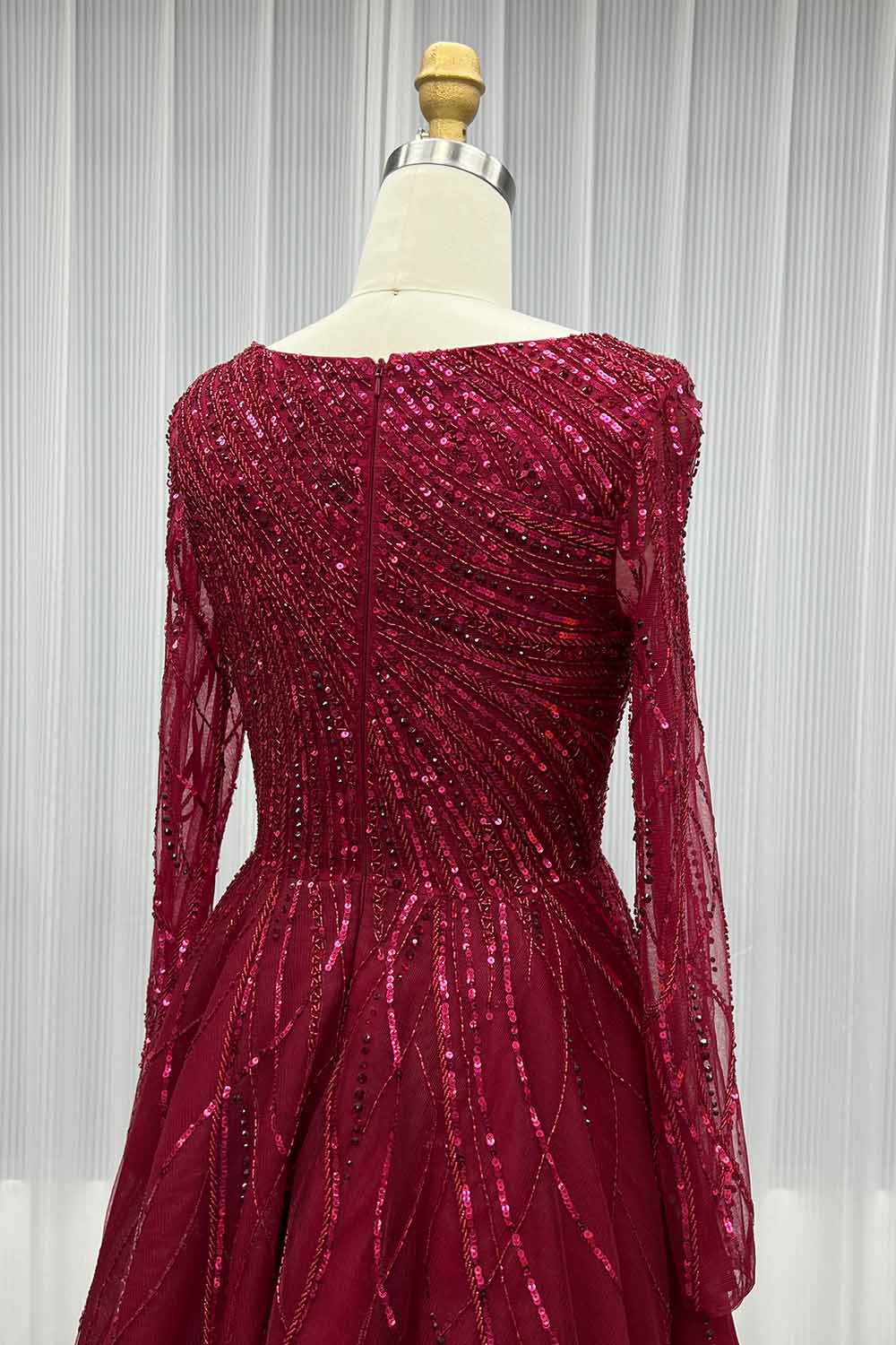 YQLNNE Modest Wine Red Handmade Beaded Evening Party Gown