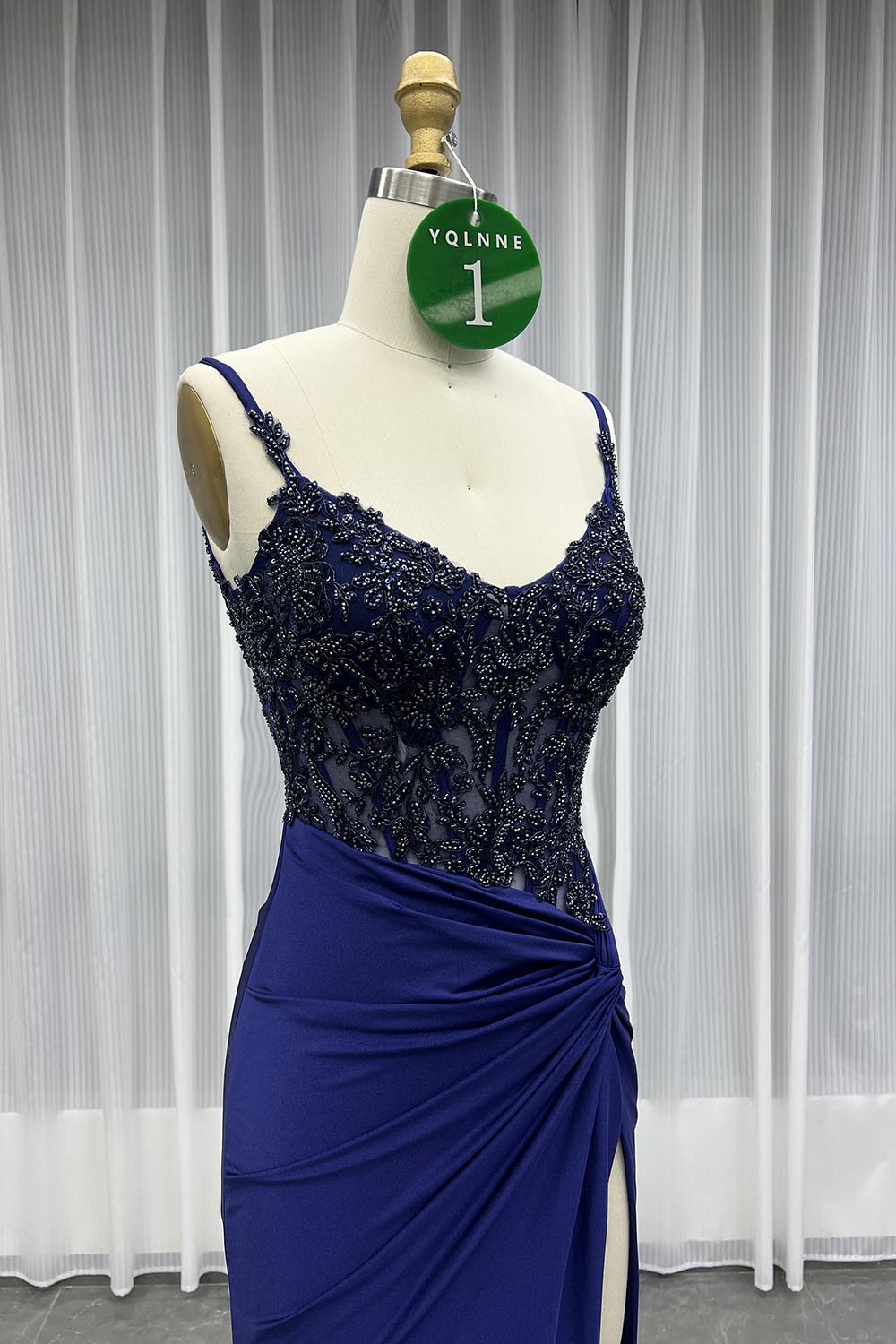 YQLNNE 01 Navy Spaghetti Long Slit Prom Dress With Beading