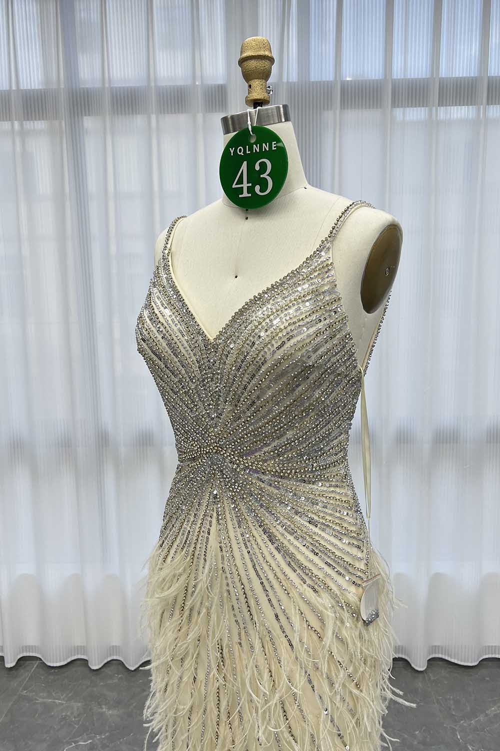 YQLNNE 043 Beige Feathers Long Crystals Evening Dress With Slit