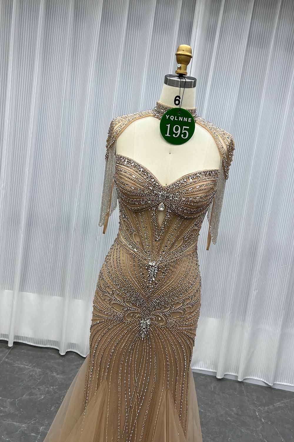 YQLNNE 0195 Luxury Gold Crystals Evening Party Gown With Necklace