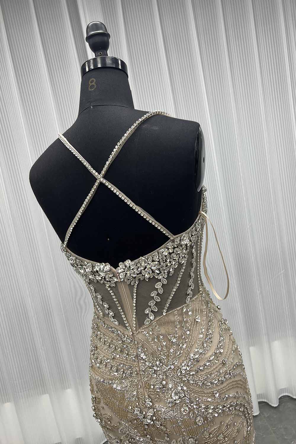 YQLNNE Nude Rhinestones Mermaid Evening Dress Long Formal Women Party Dress