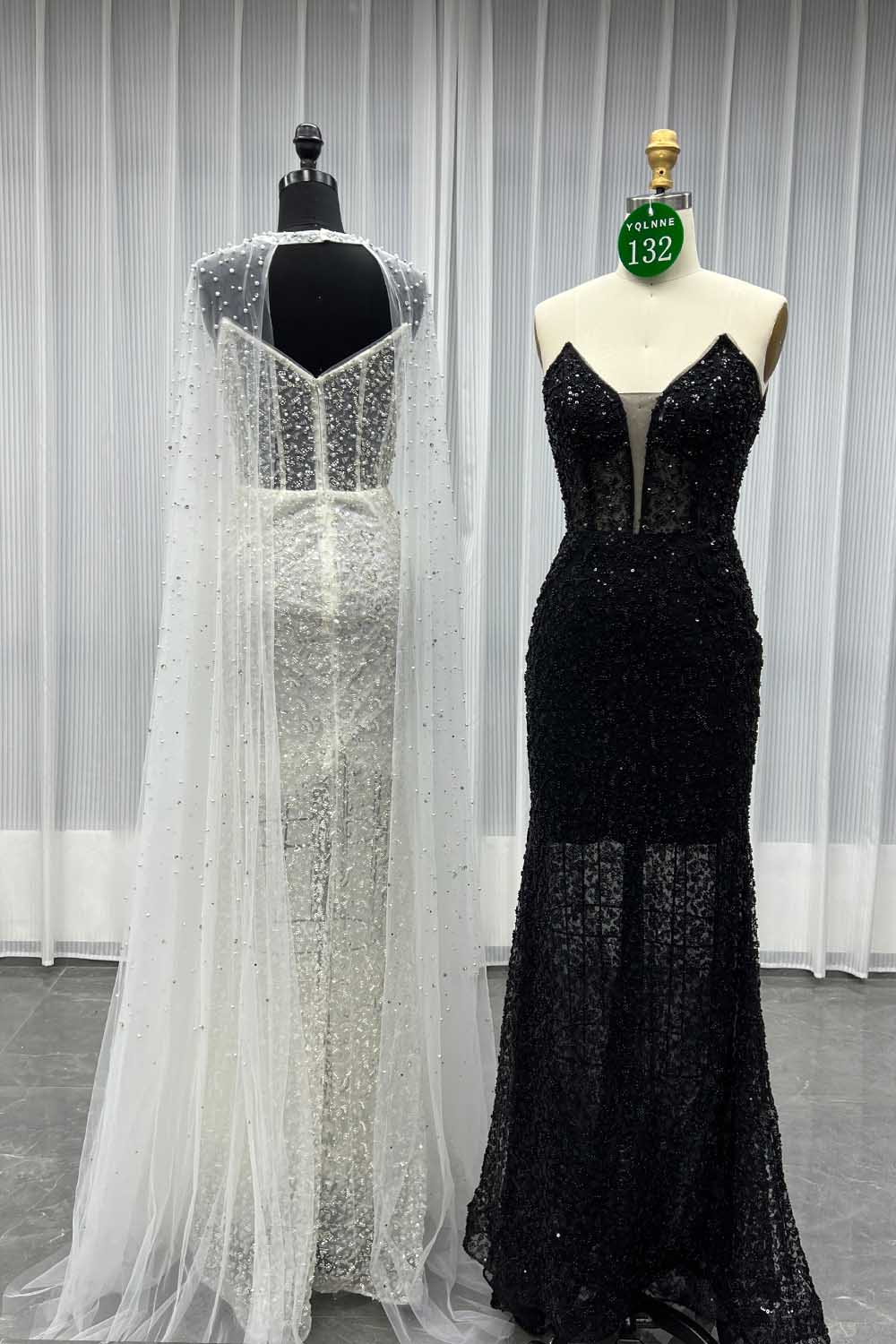 YQLNNE 0132 Black Strapless Beaded Evening Dress With Removable Shawl