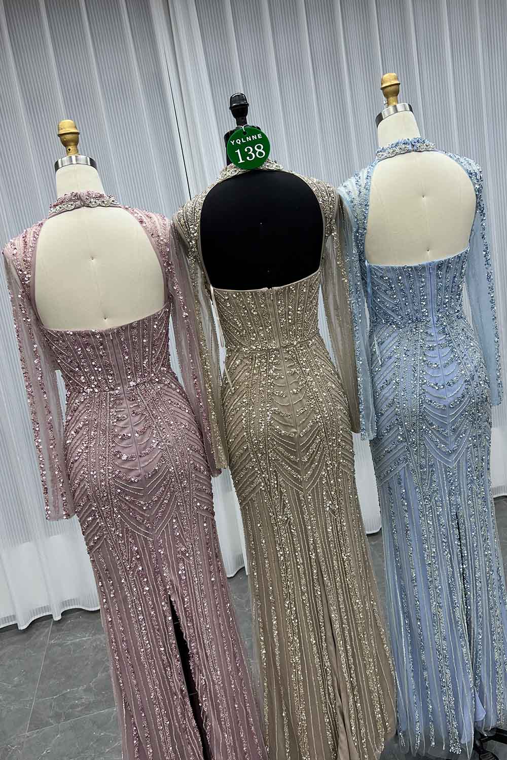 YQLNNE 0138 Pink Long Sleeves Evening Dress Handmade Heavy Crystals Beaded