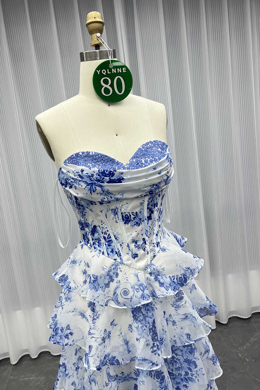 YQLNNE 080 Blue Printing Flowers Prom Dresses Long Slit Pink Party Dress