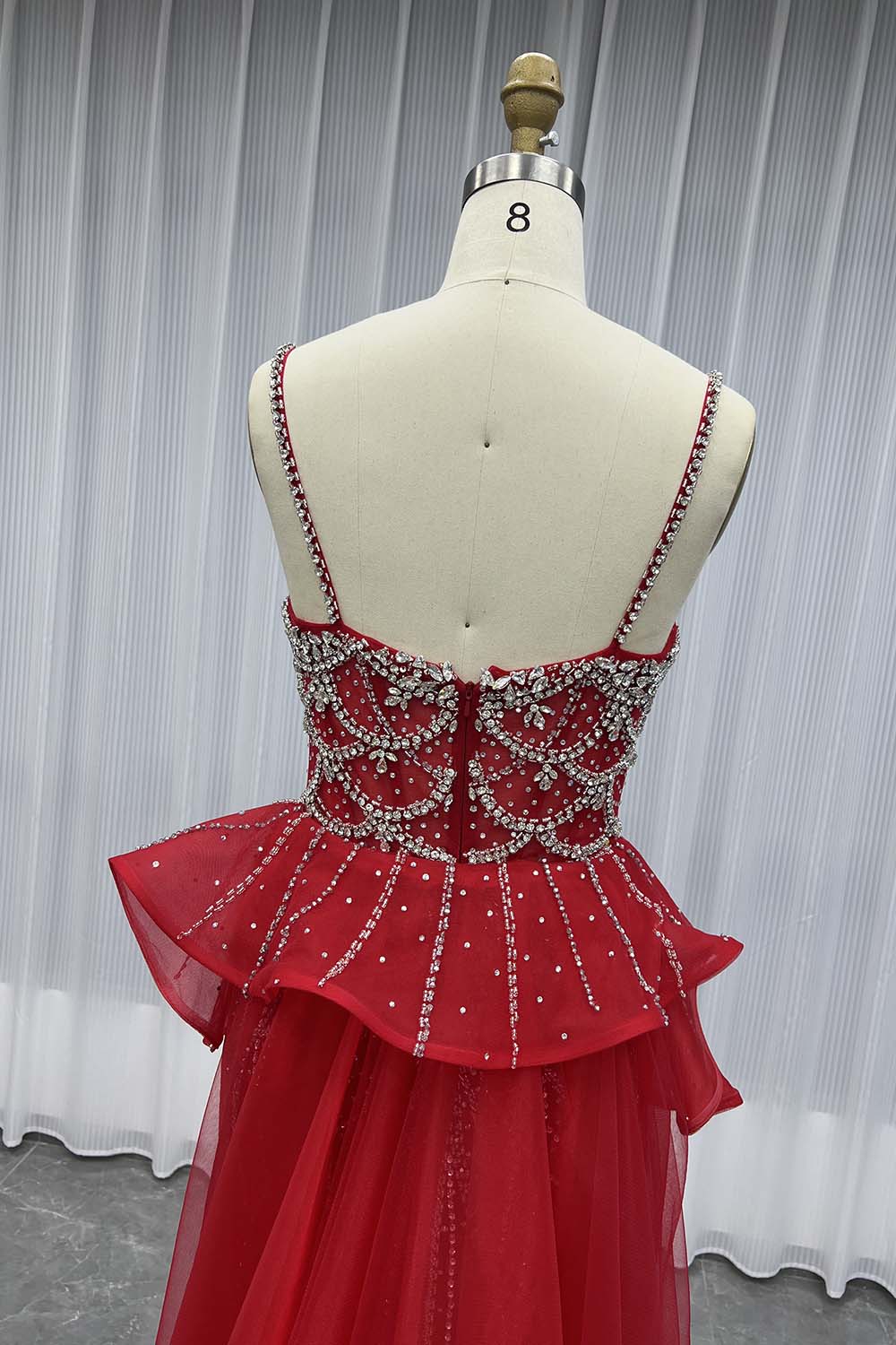 YQLNNE 060 Red Rhinestones Evening Dress Straps Long Mermaid Formal Gown