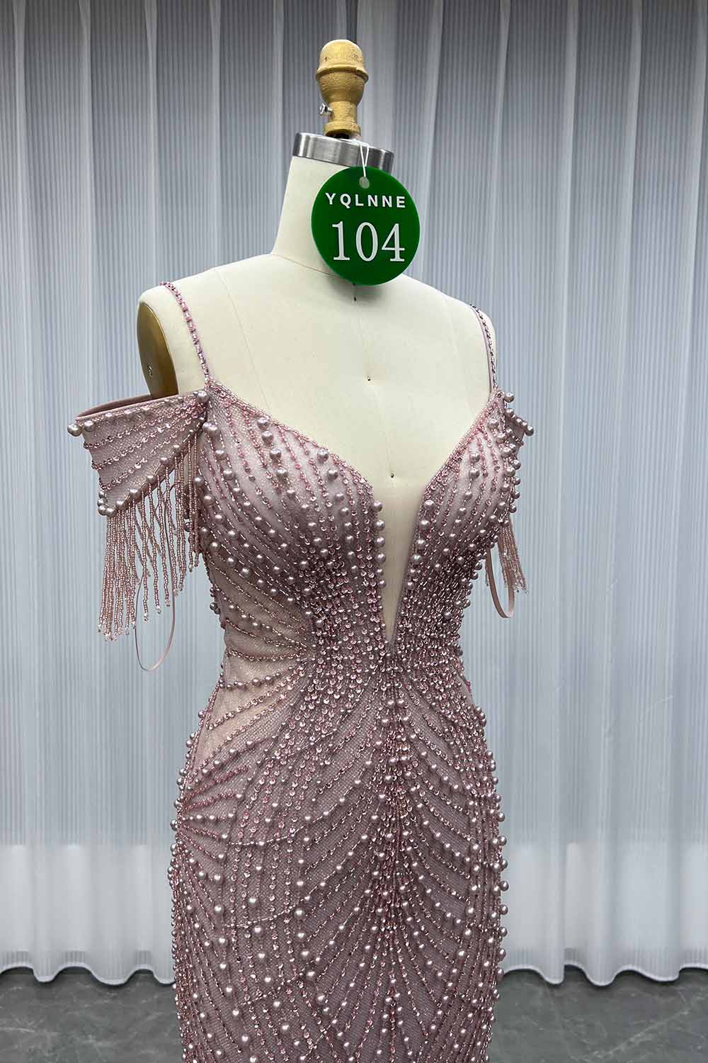 YQLNNE 0104 Pink Off Shoulder Evening Party Gown Handmade Pearls Beaded