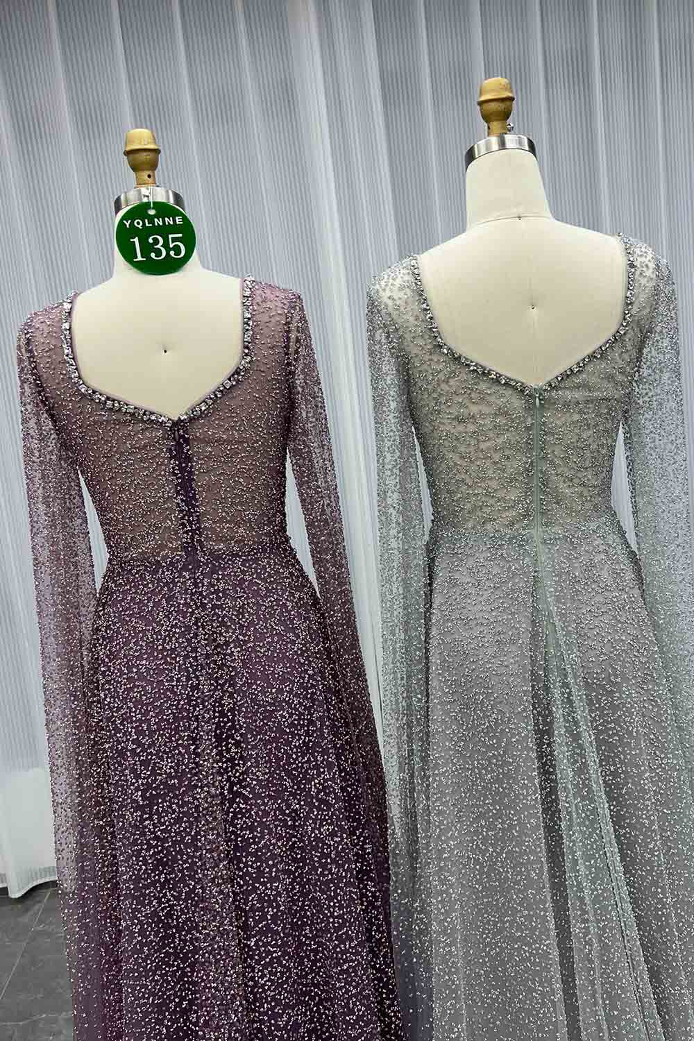YQLNNE 0135 Sparkly Silver Crystals Evening Dresses Cape Sleeves Long Aline Formal Women Party Gown