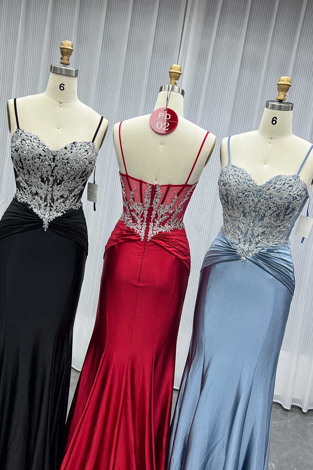 YQLNNE PD02 Red Satin Spaghetti Long Prom Dresses Mermaid