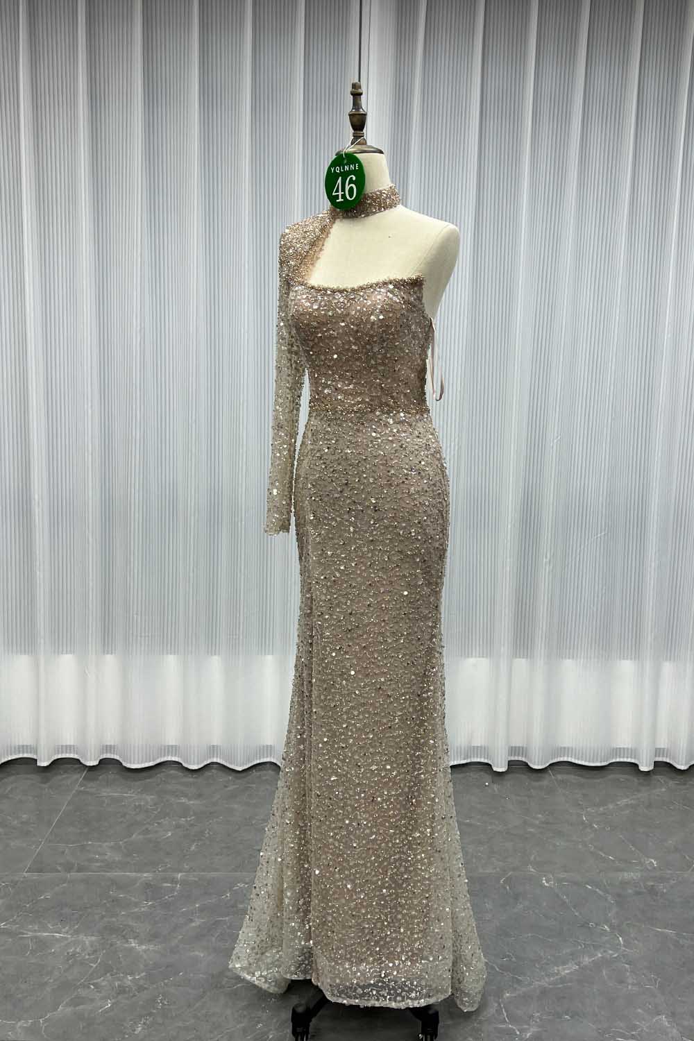 YQLNNE 046 Nude One Shoulder Crystals Evening Dress Long Sleeve Mermaid Formal Gown