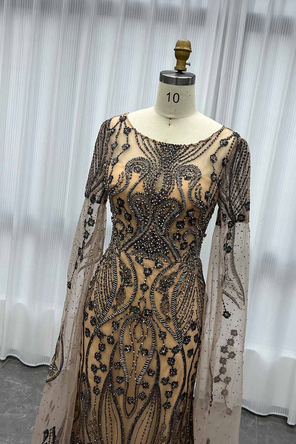 YQLNNE Modest Gray Nude Evening Dress With Cap Sleeves
