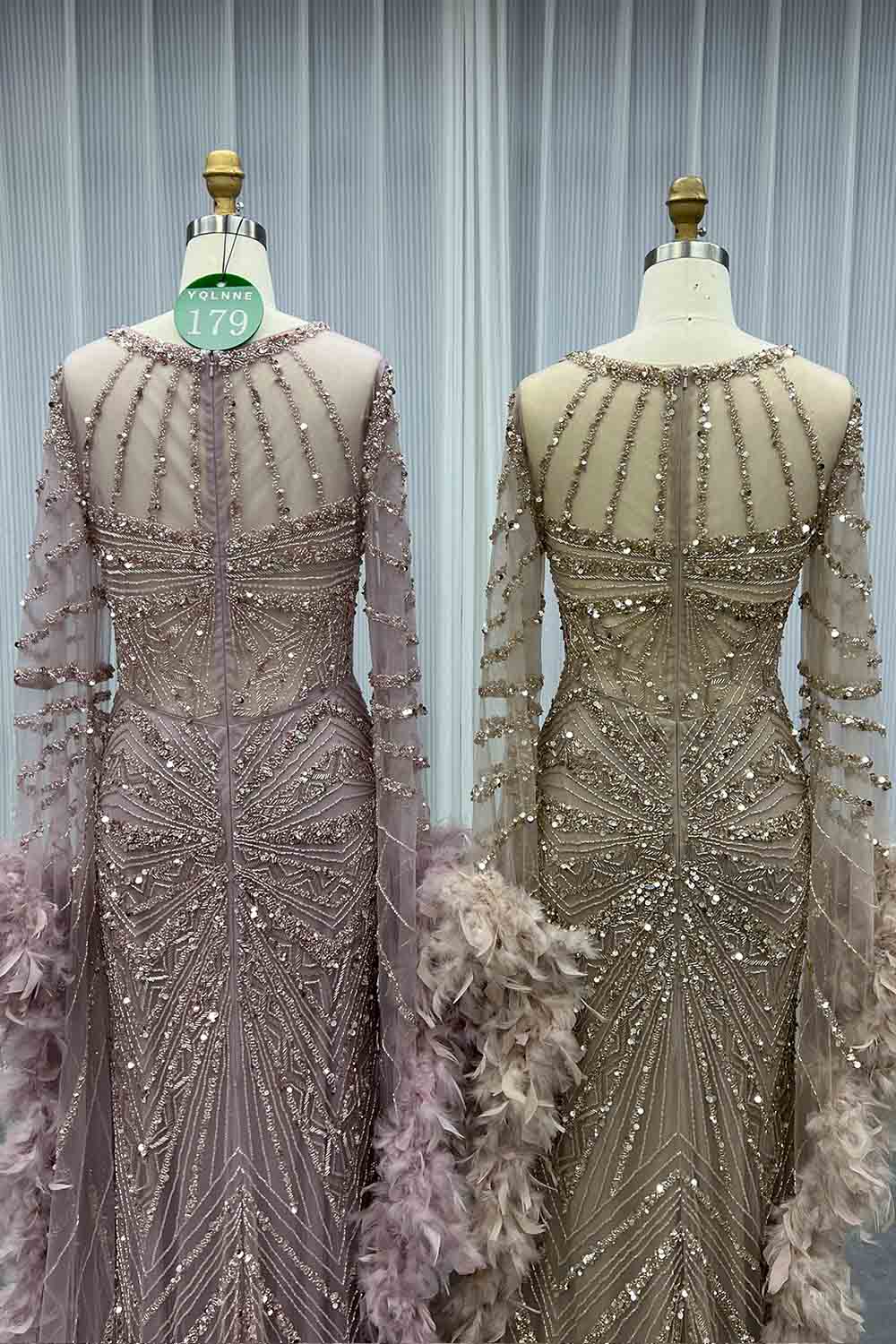 YQLNNE 0179 Pink Long Sleeves Feathers Evening Dress With Handmade Crystals Beaded