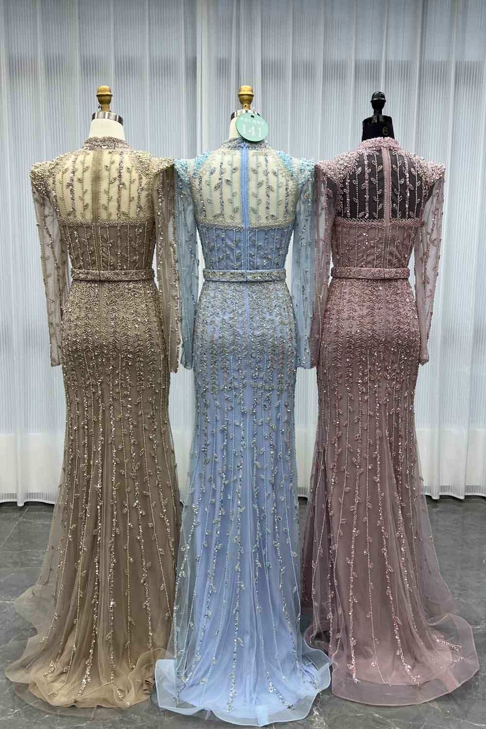 YQLNNE 0141 Modest Pink Full Sleeves Evening Dress Handmade Beaded Pearls Muslim Formal Gown