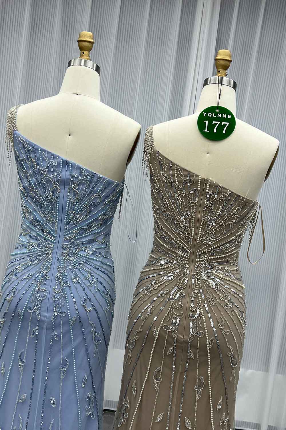 YQLNNE 0177 Blue One Shoulder Slit Evening Dress Handmade Crystals Beaded