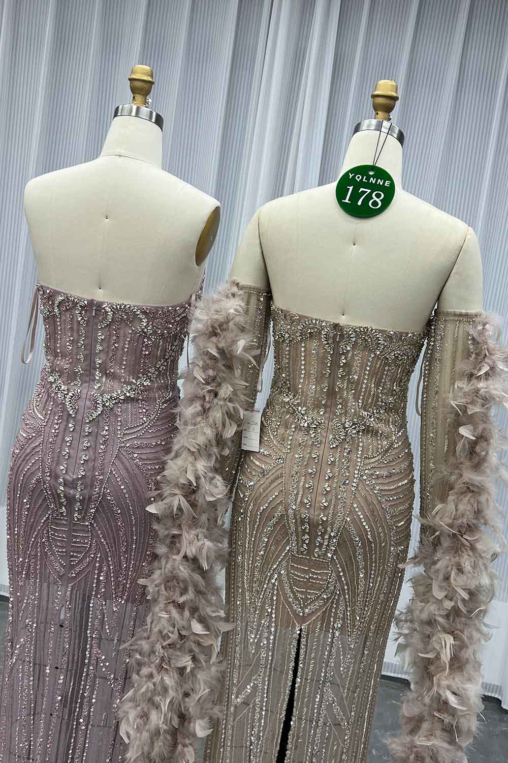 YQLNNE 0178 Pink Feathers Crystals Beaded Evening Dress Mermaid Removable Train