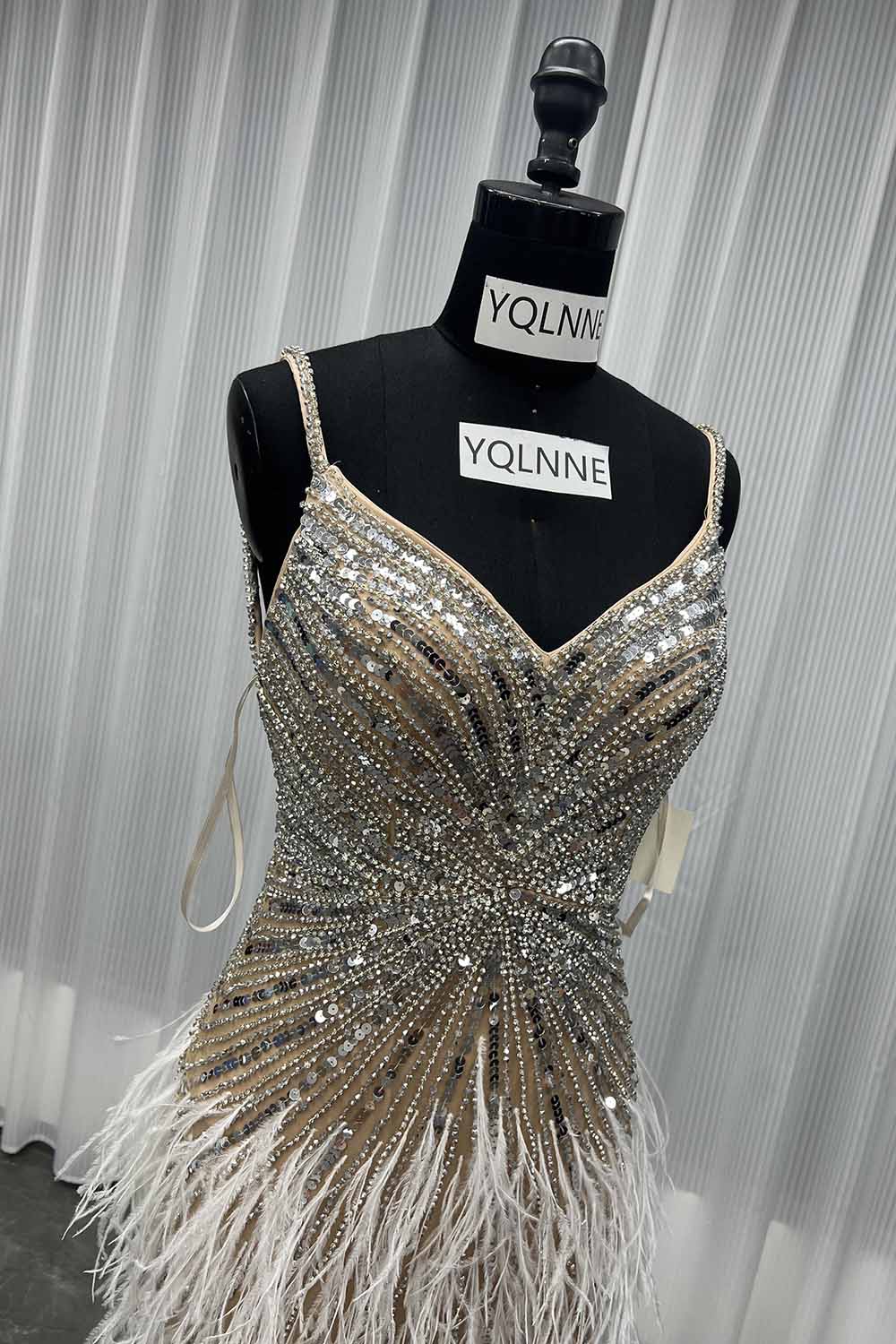 YQLNNE 043 Silver Nude Feathers Crystals Evening Dress Wedding Party Gown