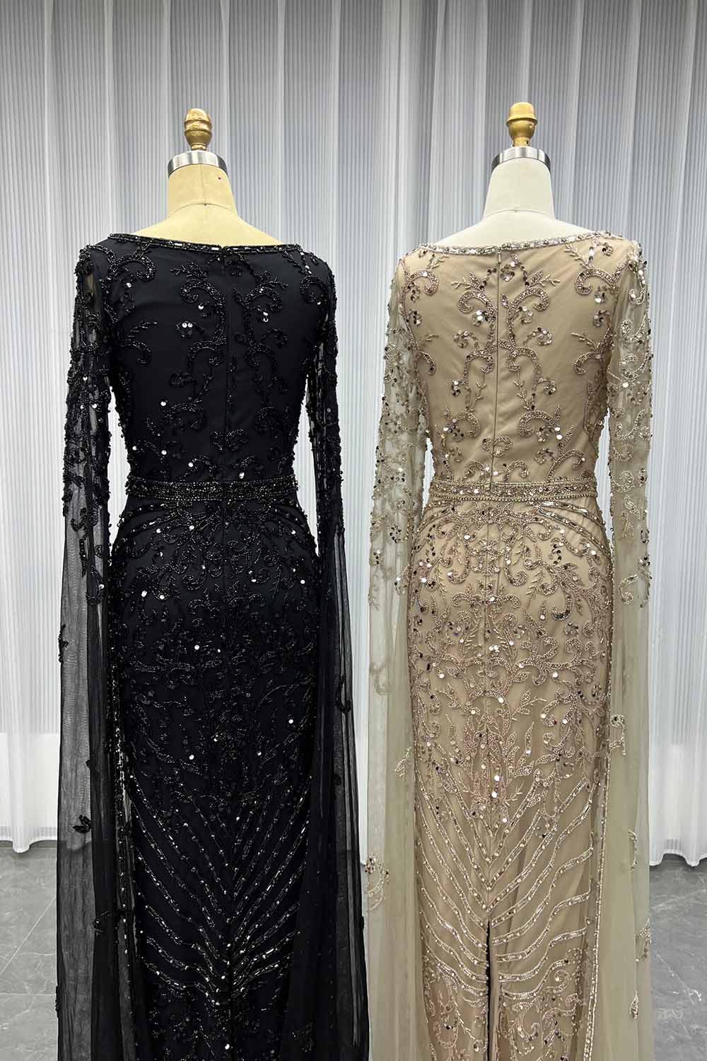 YQLNNE Modest Black Square Collar Crystals Beaded Evening Dress With Long Sleeves