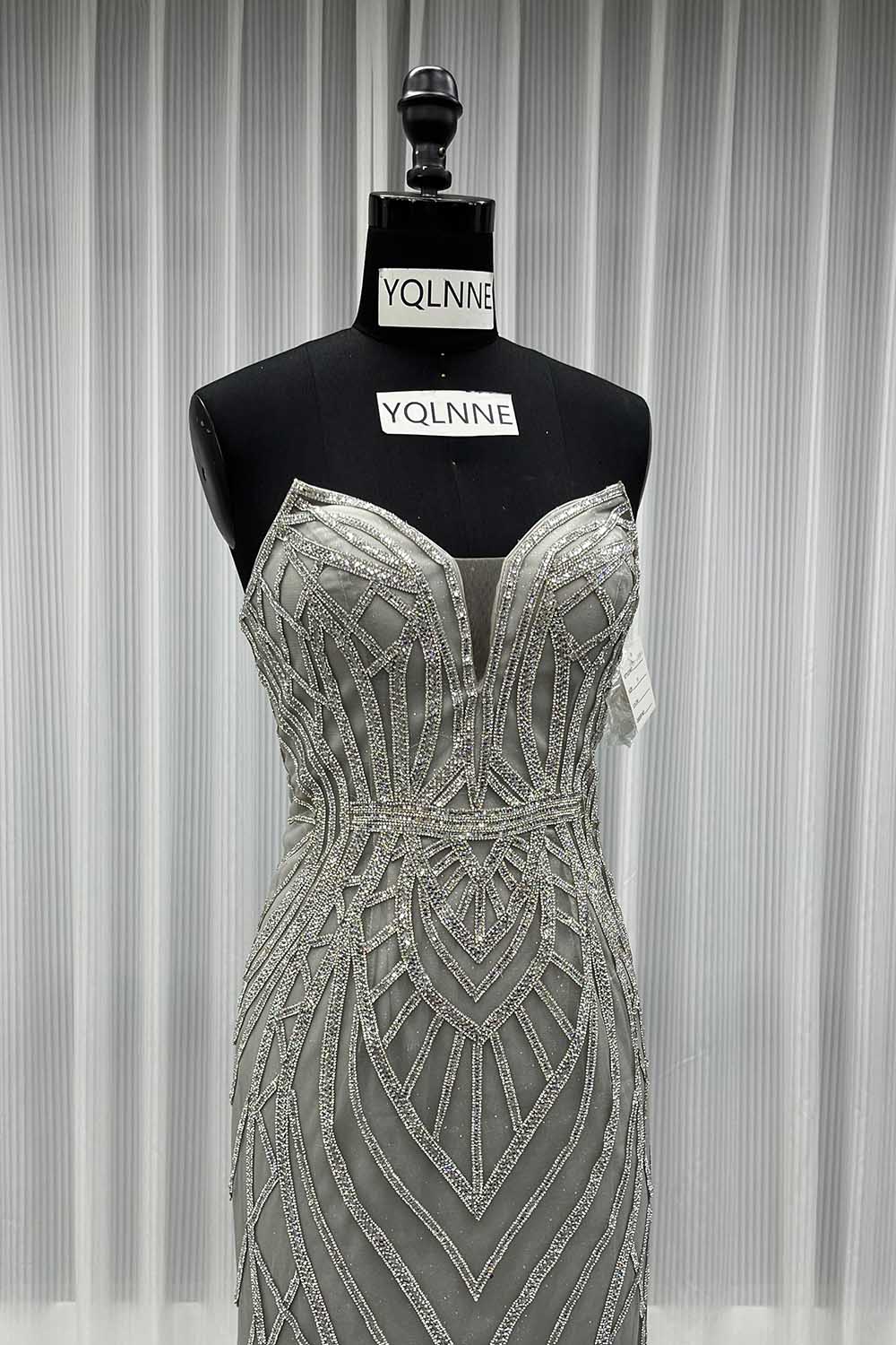 YQLNNE 0130 Black Strapless Crystal Evening Dress Long Mermaid Party Dress Lace-up Back