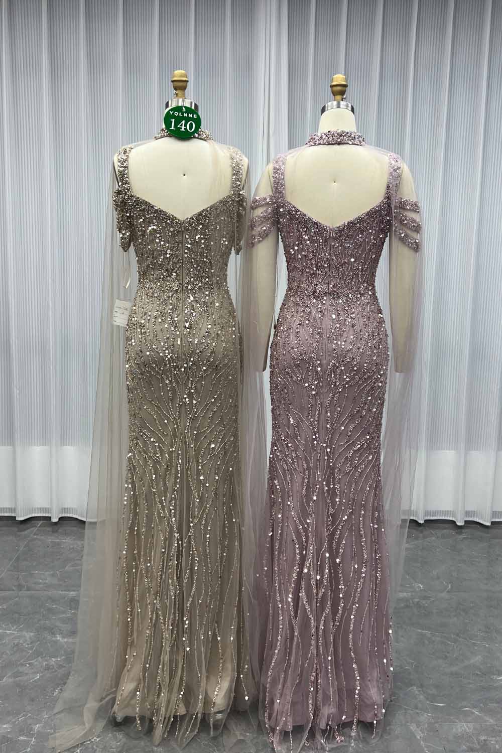 YQLNNE 0140 Nude Off Shoulder Crystals Beaded Evening Dress With Removable Shawl
