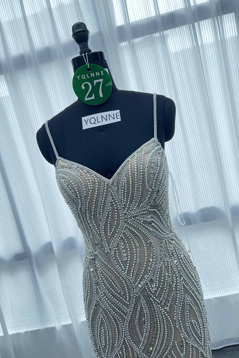 YQLNNE 027 Silver Nude Crystals Pearls Evening Dress Long Mermaid Prom Party Gown