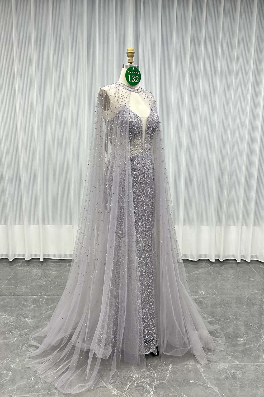 YQLNNE 0132 Dusty Lilac Pearls Beaded Evening Dress With Shawl