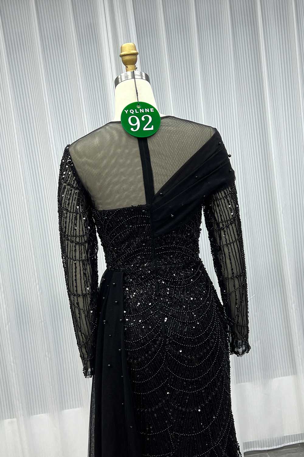 YQLNNE 092 Black Full Sleeves Beading Evening Dress