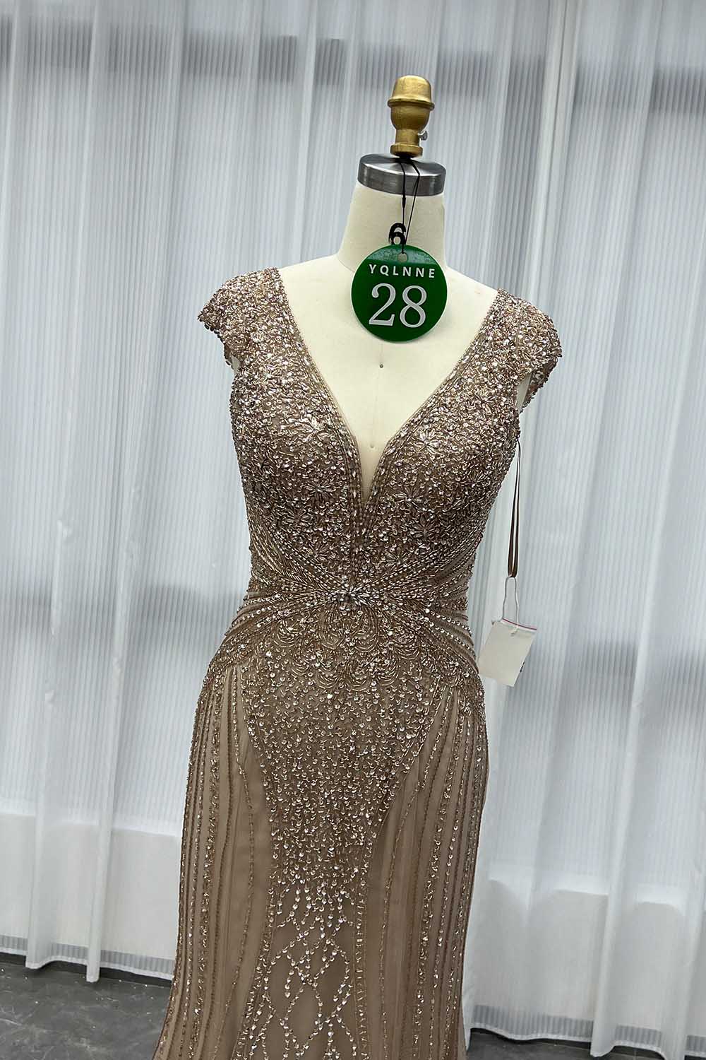 YQLNNE 028 Nude Handmade Crystals Beaded Evening Gown Pageant Dress