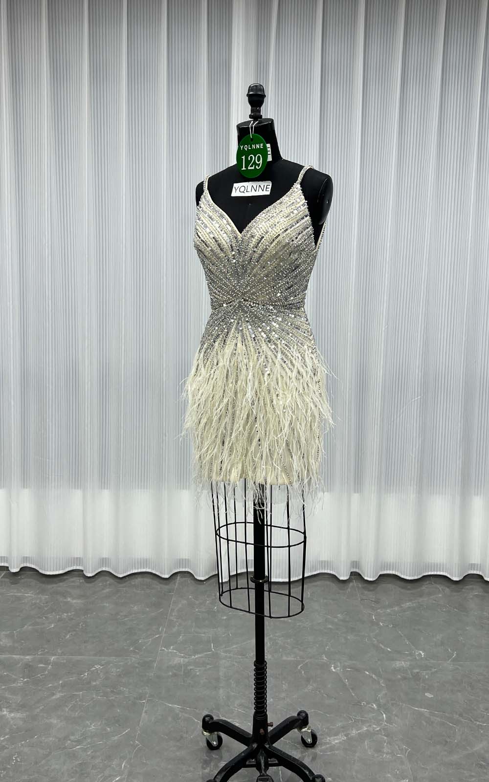 YQLNNE 0129 Silver Feathers Short Evening Dress Crystals Beaded Party Gown