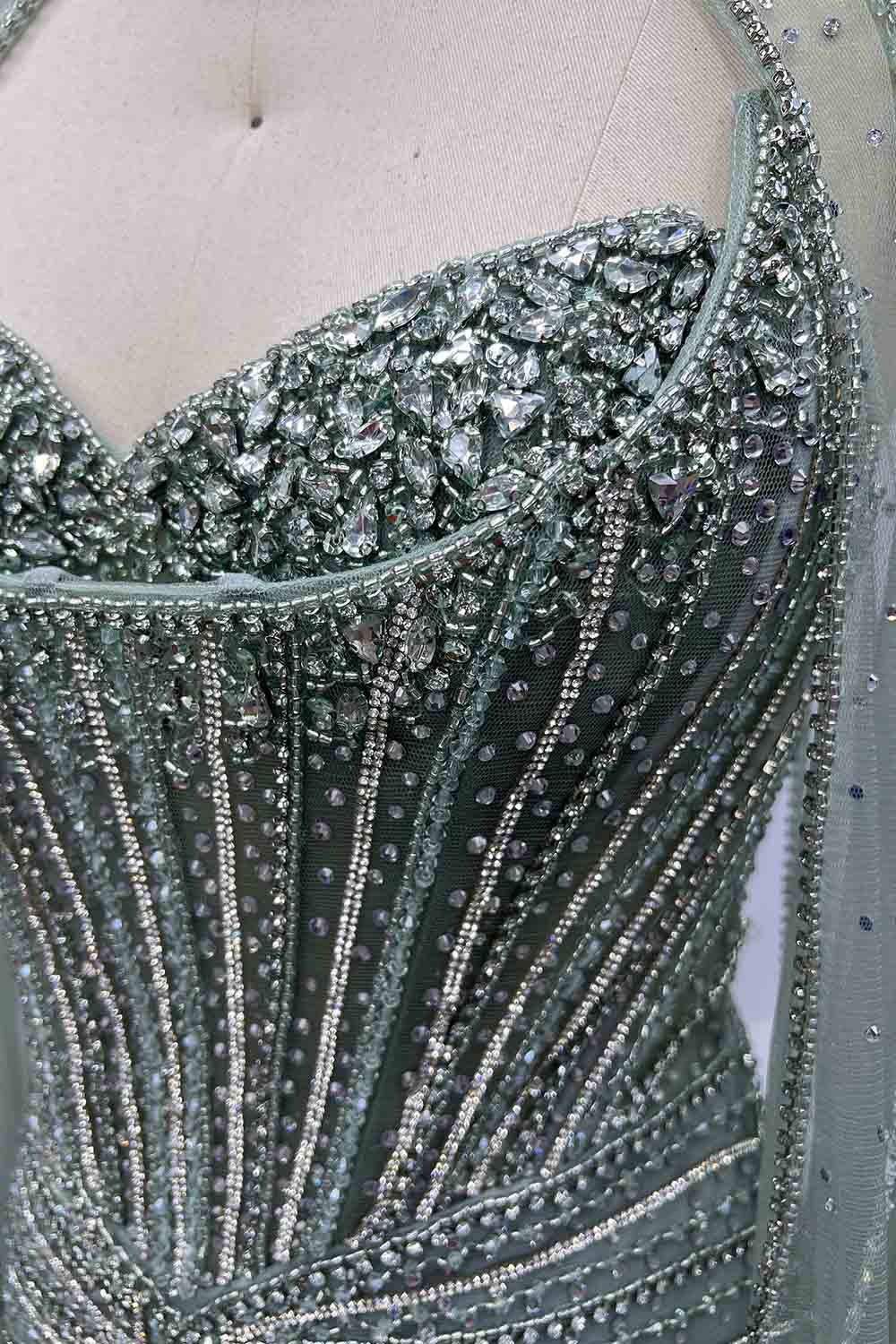 YQLNNE 0187 Sage Green Rhinestones Mermaid Evening Dress With Removable Shawl