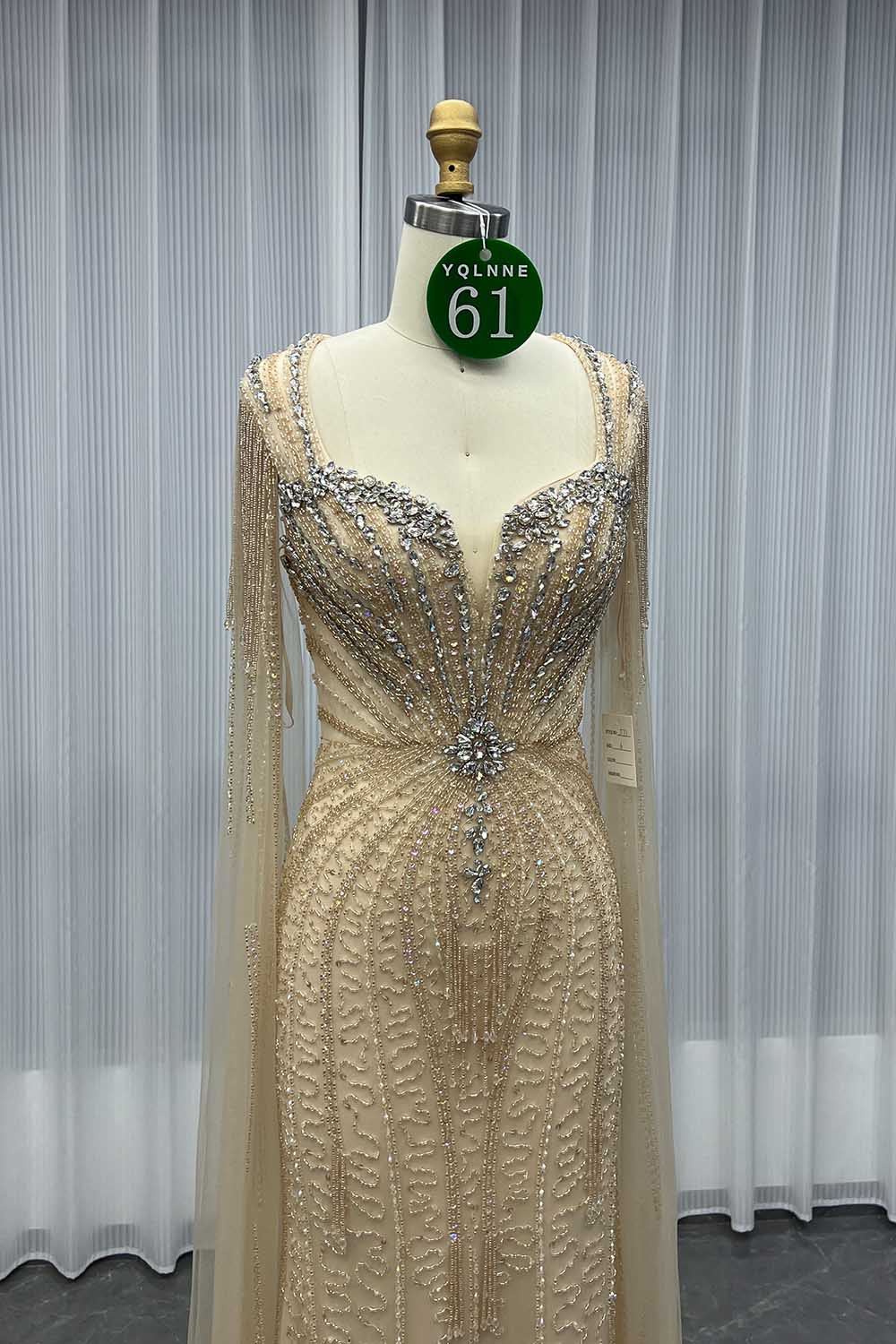 YQLNNE 061 Champagne Handmade Crystals Beaded Evening Dress With Cape Sleeves