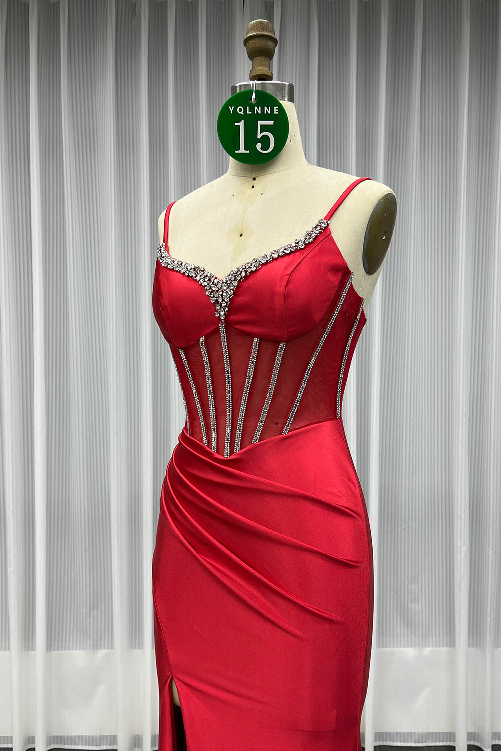 YQLNNE 015 Red Crystals Long Prom Dress Straps Satin Slit
