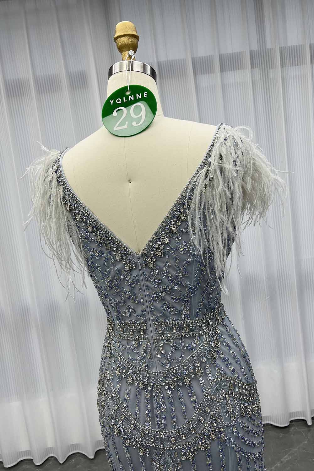 YQLNNE 029 Light Blue Feathers Evening Dress Handmade Crystals Beaded