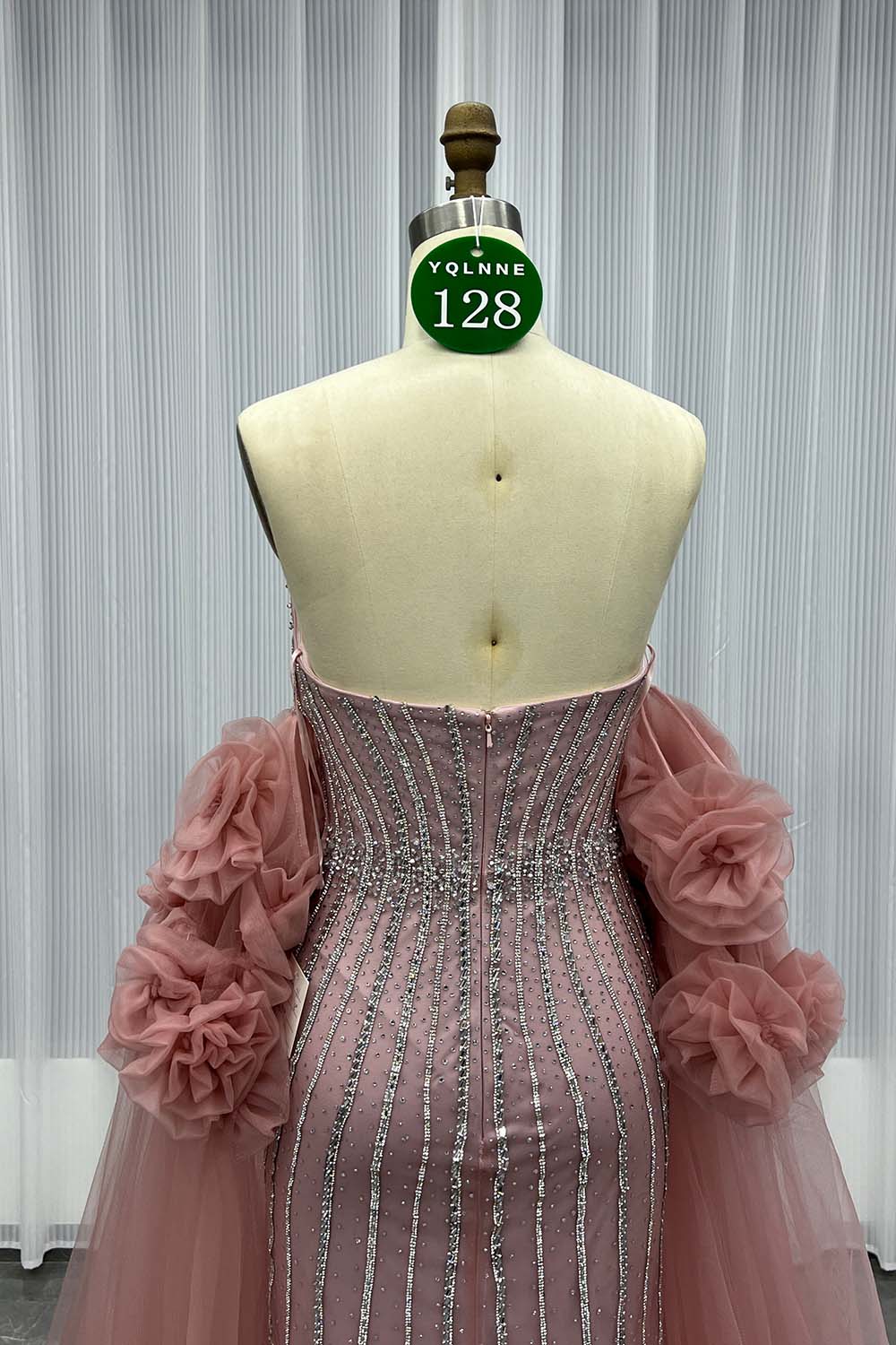 YQLNNE 0128 Luxury Pink Crystals Evening Party Gown With Removable Tulle Sleeves