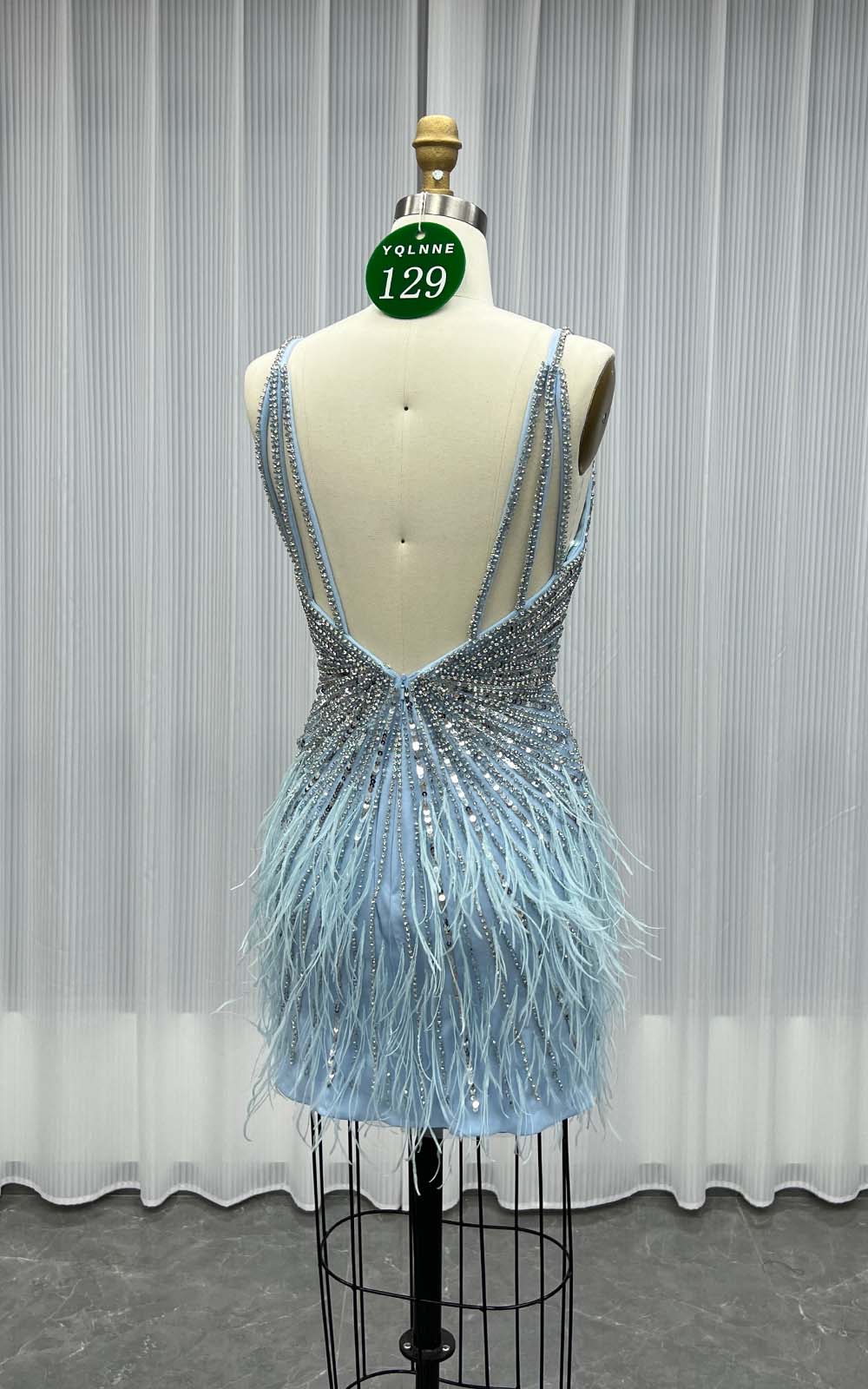 YQLNNE 0129 Silver Feathers Short Evening Dress Crystals Beaded Party Gown