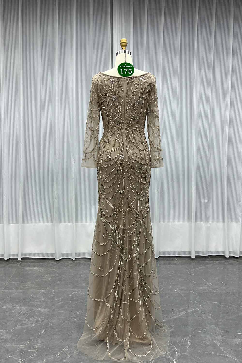 YQLNNE 0175 Nude Square Collar Crystals Beaded Evening Dress With Long Sleeves