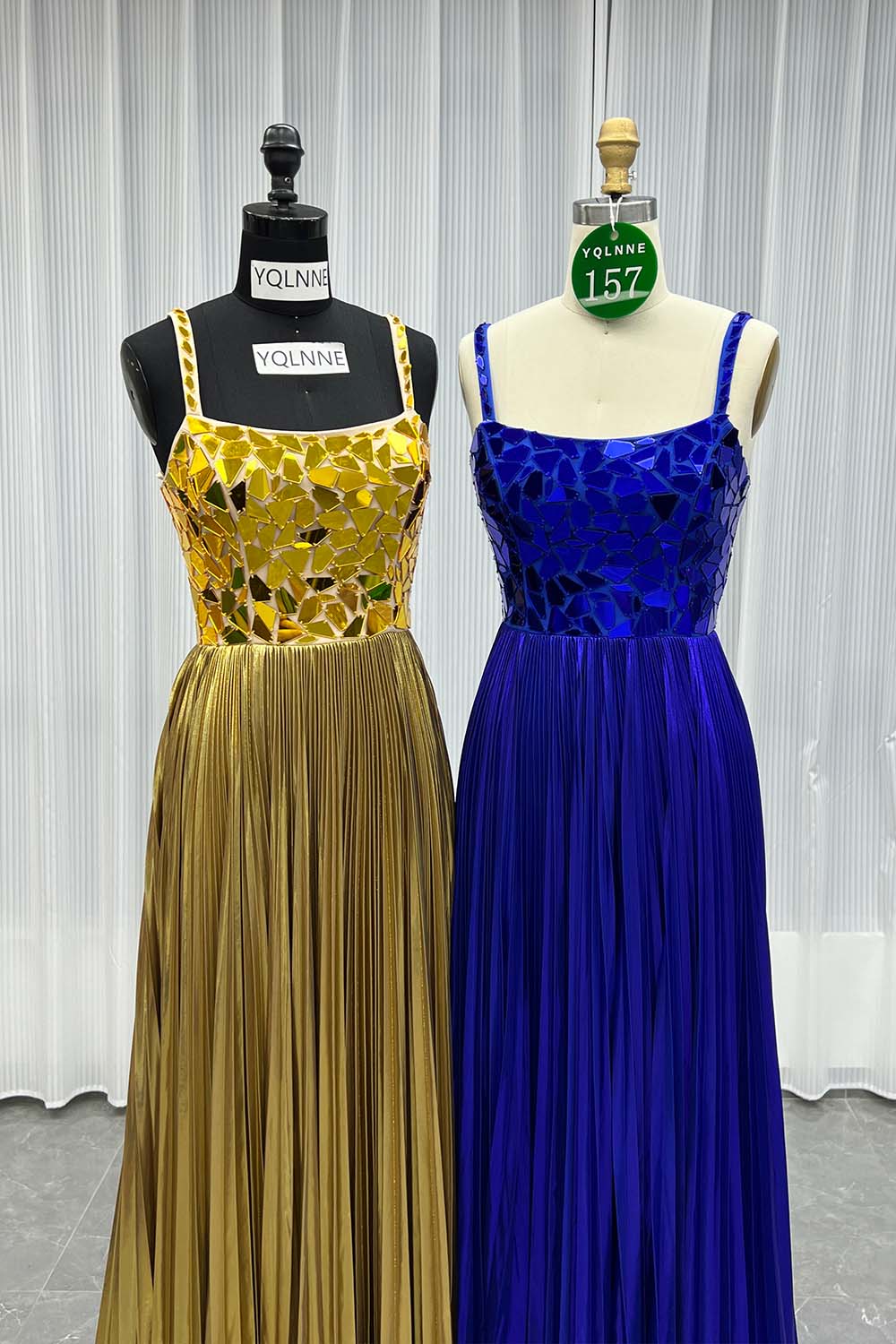 YQLNNE 0157 Gold Lens Long Prom Dress Straps Lace-up Back